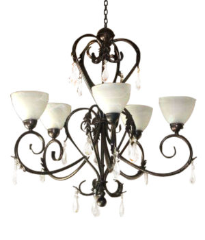 HEART 6LT CHANDELIER - FERNS+CRYSTALS - WITH GLASS CUPS