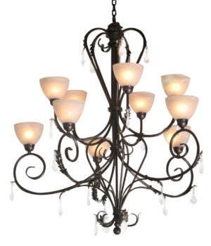 HEART 10LT CHANDELIER - FERNS+CRYSTALS - WITH GLASS CUPS